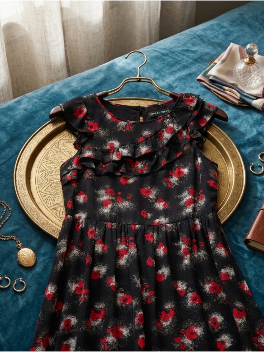 Love & Legend Black Dress with Red Floral Print and Metallic Sheen